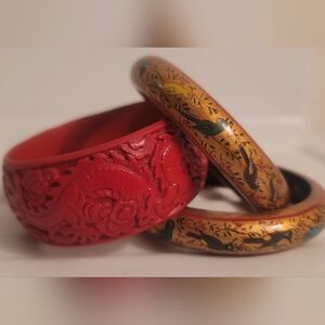 Vintage Cinnabar Red Dragon Handpainted Wood Elegant Red and Gold Bangle…